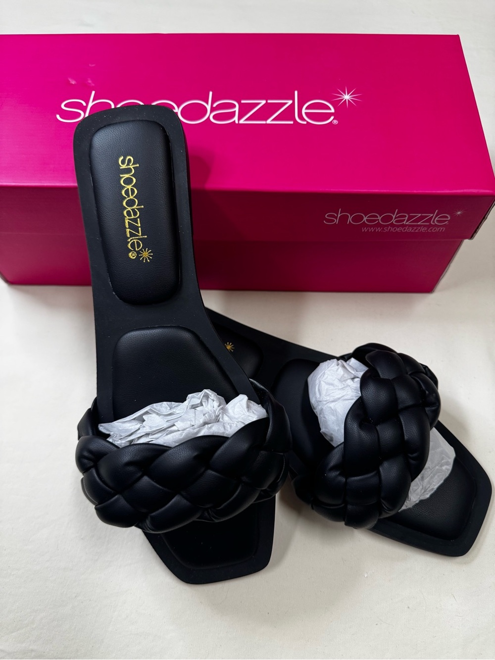 Shoe Dazzle Black Braided Square-Toe Slide Sandals